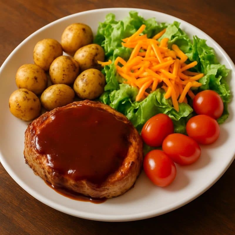Medallón de cerdo con salsa BBQ acompañado de mini papas salteadas y ensalada
