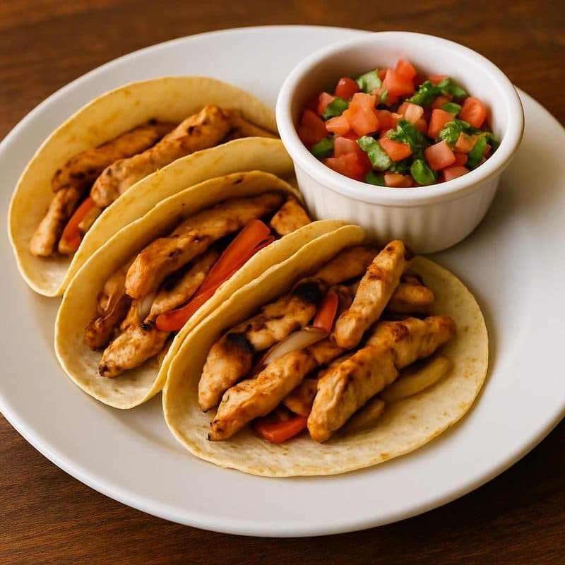 Tacos de pollo asado acompañados de pico de gallo