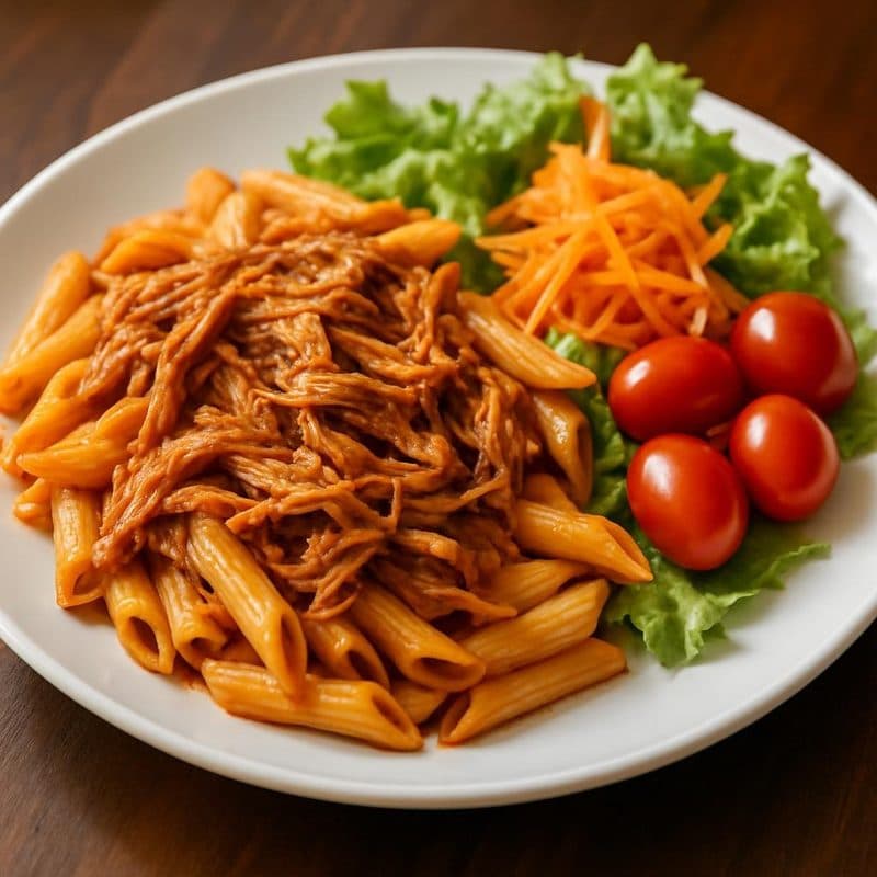 Pasta en salsa roja con pollo mechado acompañada de ensalada