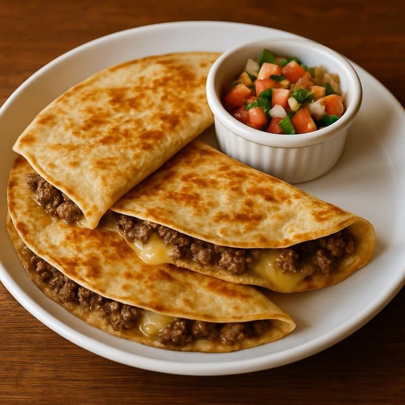 Quesadillas de carne mexicana acompañada de pico de gallo