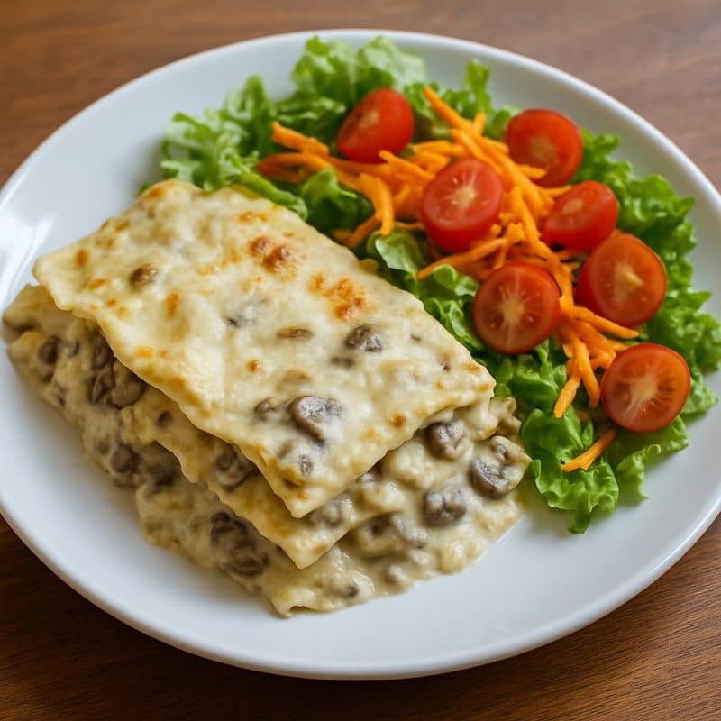 Lasaña en salsa blanca de hongos vegetariana acompañada de ensalada