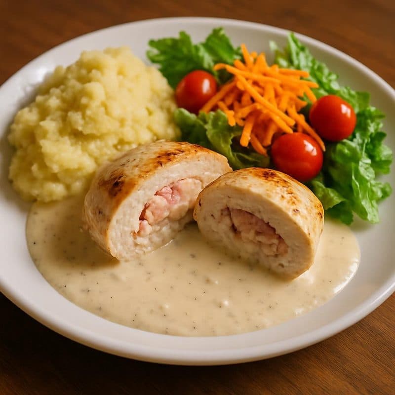 Pollo relleno en salsa blanca acompañado de puré y ensalada