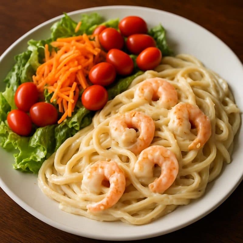 Pasta en salsa blanca con camarones acompañada de ensalada