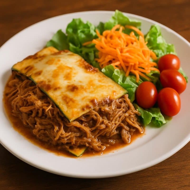 Lasaña de zucchini con carne mechada acompañada de ensalada