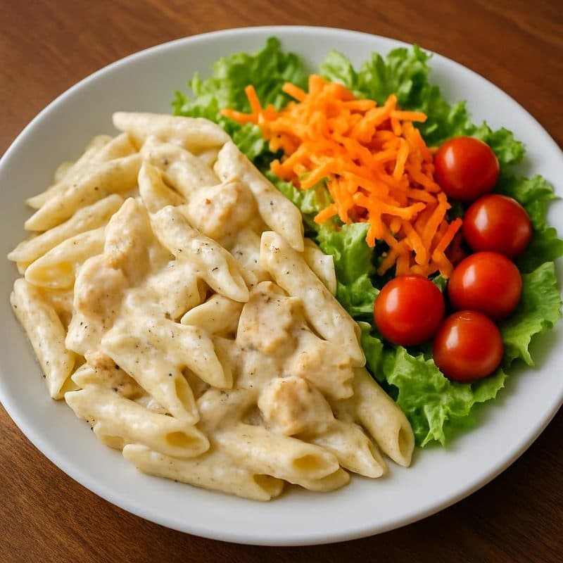 Pasta en salsa blanca con pollo acompañada de ensalada