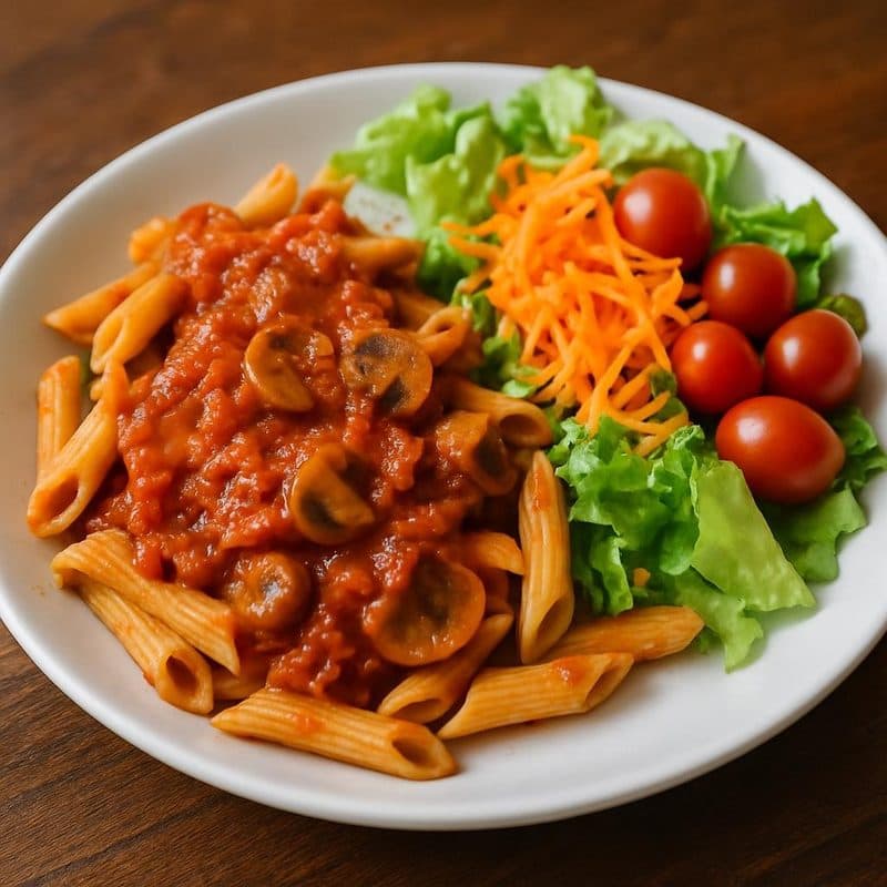 Pasta en salsa roja con hongos vegetariana acompañada de ensalada