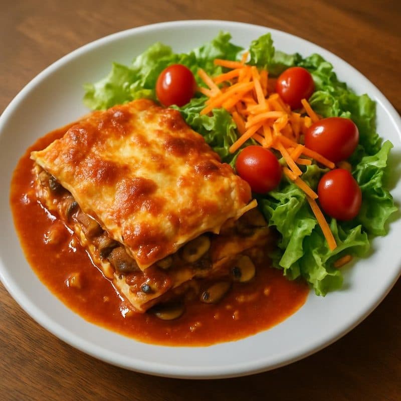 Lasaña en salsa roja de hongos vegetariana acompañada de ensalada