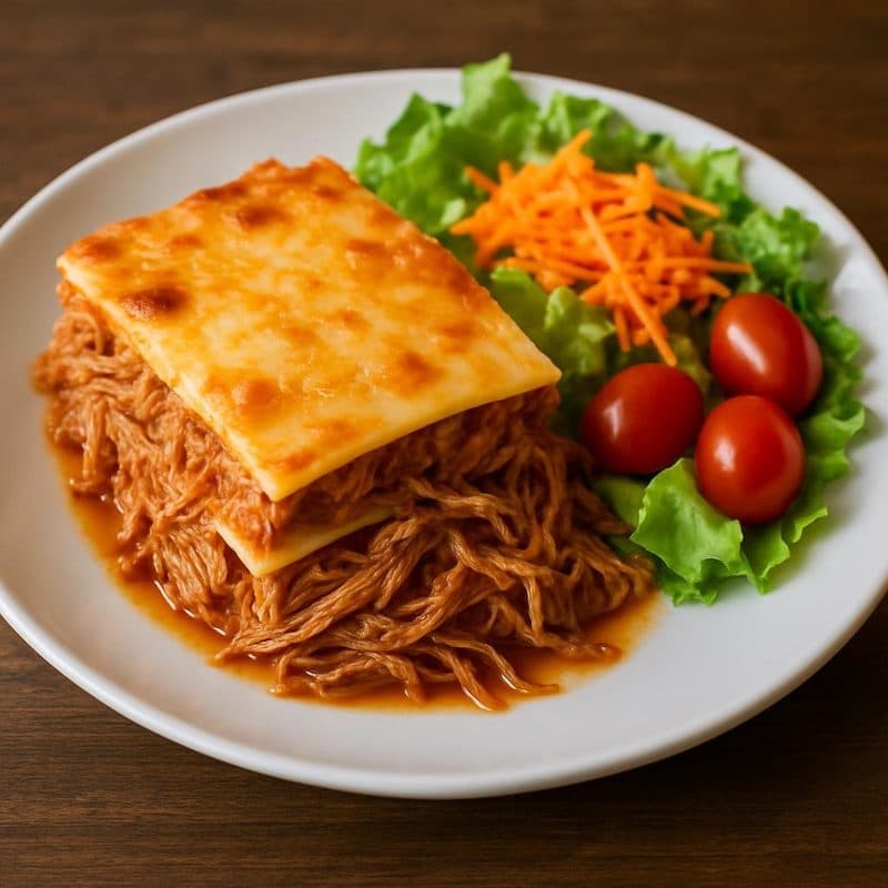 Lasaña de carne mechada acompañada de ensalada