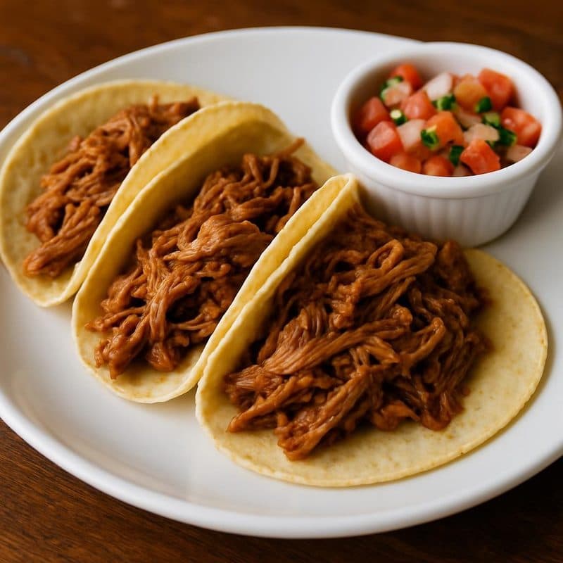 Tacos de cerdo mechado BBQ acompañados de pico de gallo