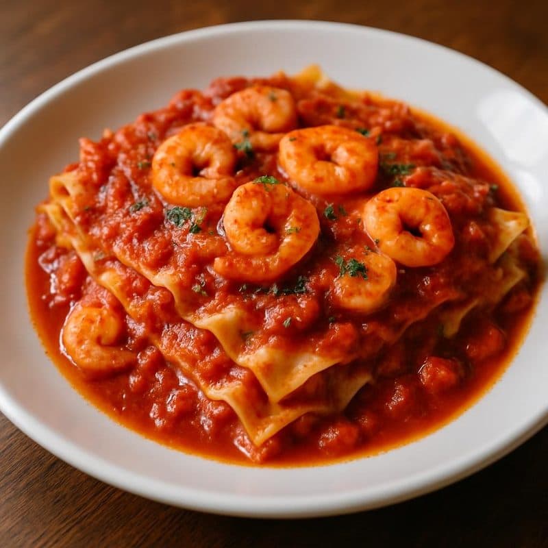 Lasaña roja de camarones