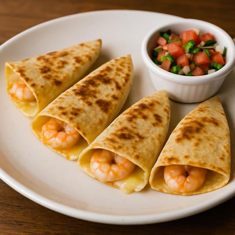 Quesadillas de camarones acompañada de pico de gallo