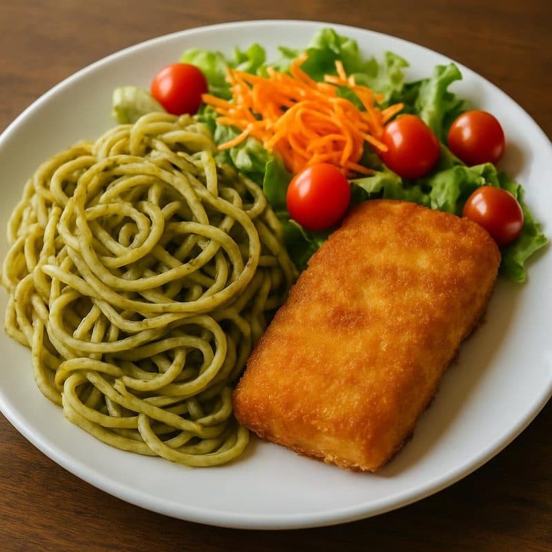 Pasta al pesto con pescado empanizado acompañado de ensalada