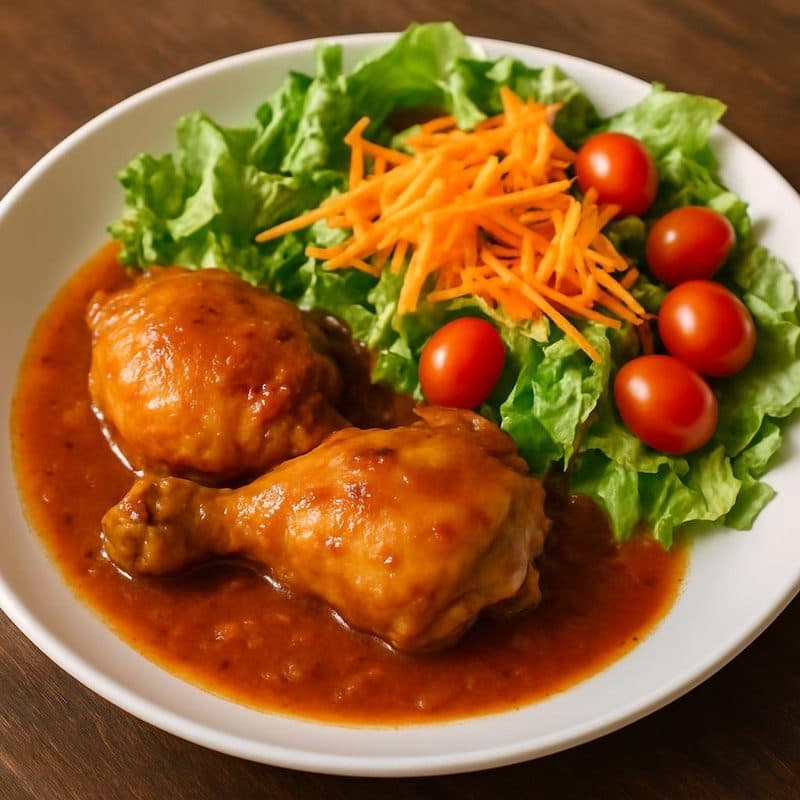 Muslos de pollo en salsa acompañados de ensalada