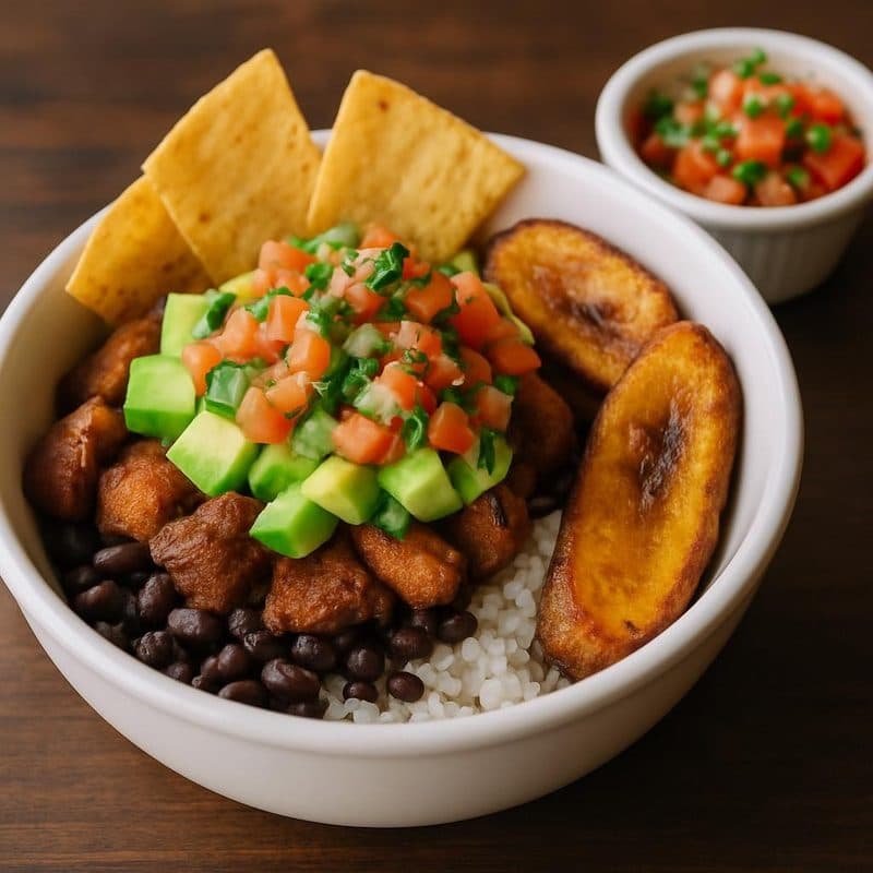 Chifrijo de carne mexicana acompañado de plátano maduro y pico de gallo