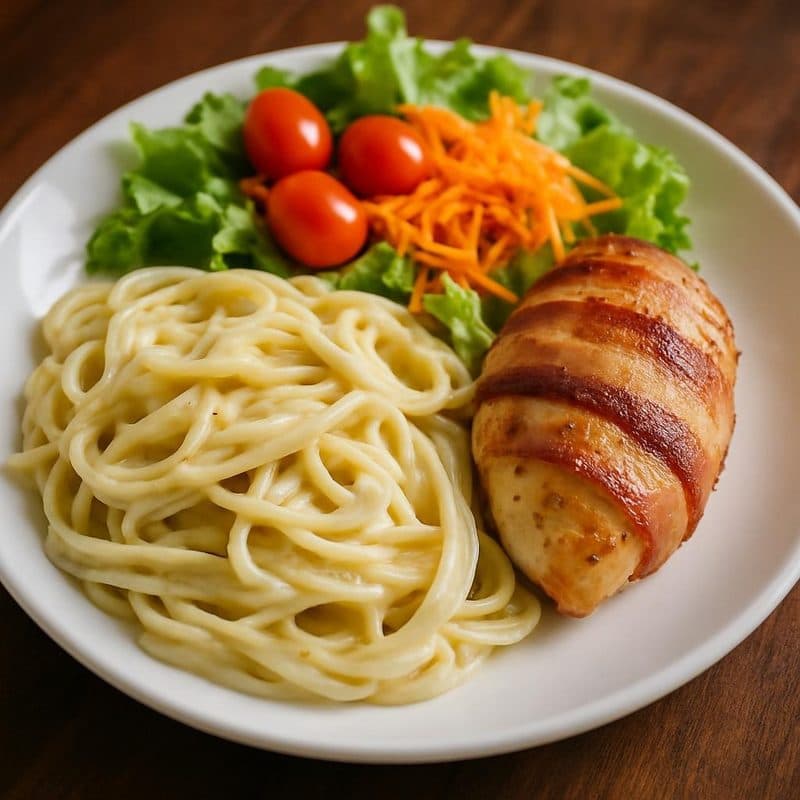 Pasta en salsa blanca con pollo envuelto en tocineta acompañada de ensalada