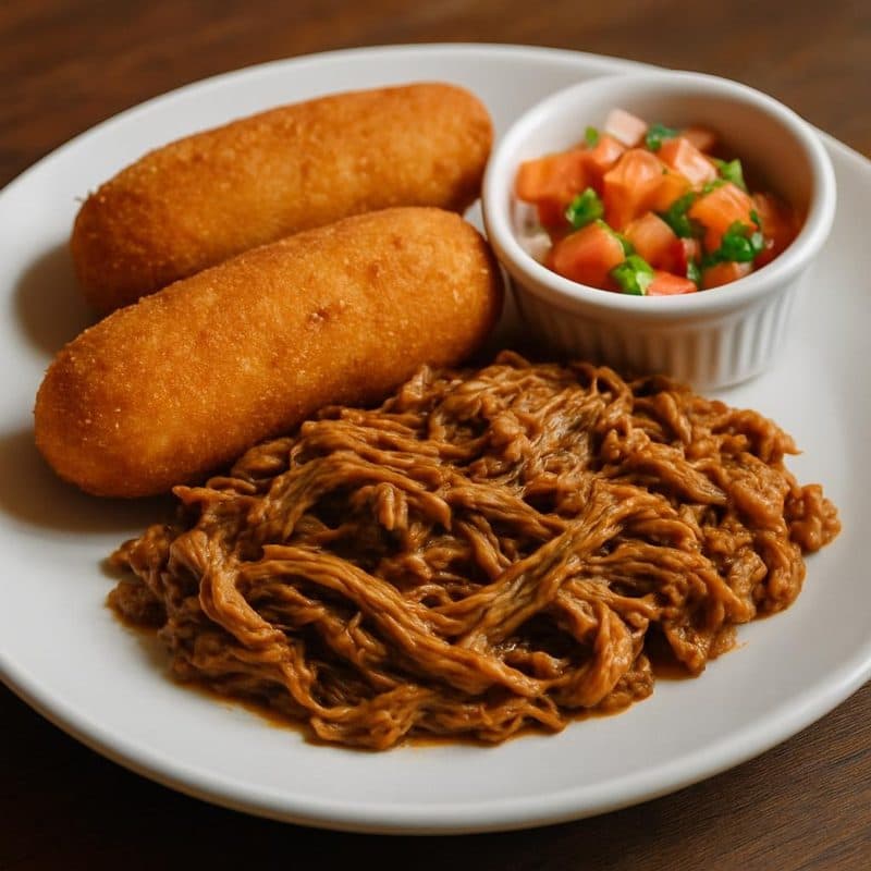 Enyucado de carne mechada acompañado de pico de gallo