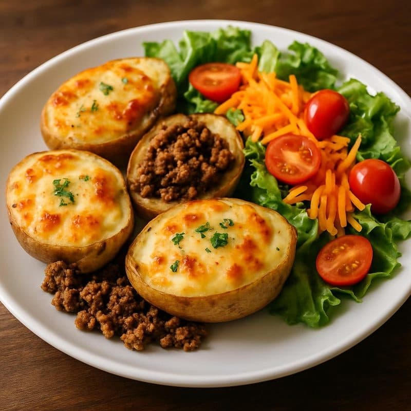 Papas rellenas de carne molida acompañadas de ensalada