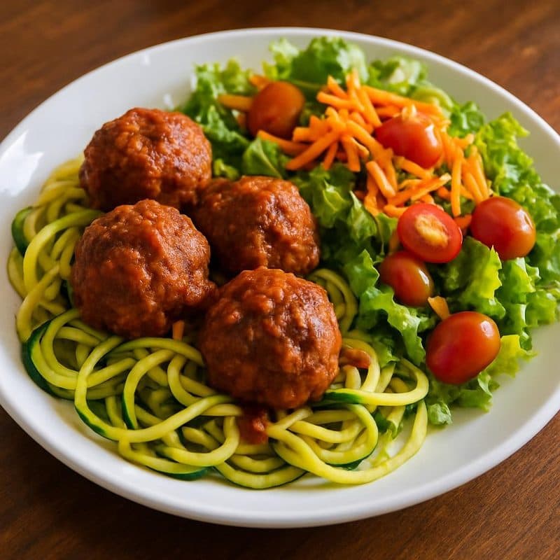 Zucchini noodles con albóndigas rellenas acompañados de ensalada