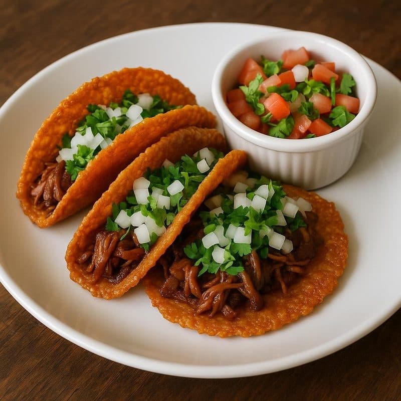 Alambre de cerdo BBQ envuelto en queso mozzarella acompañado de pico de gallo