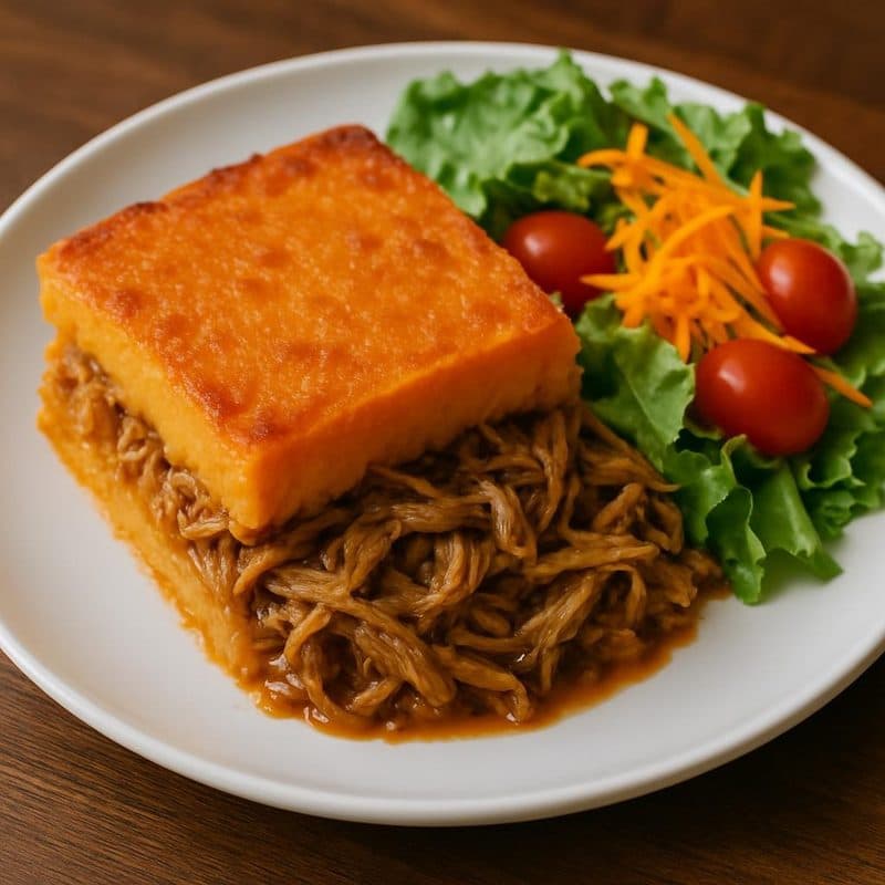 Pastel de camote con carne mechada acompañado de ensalada