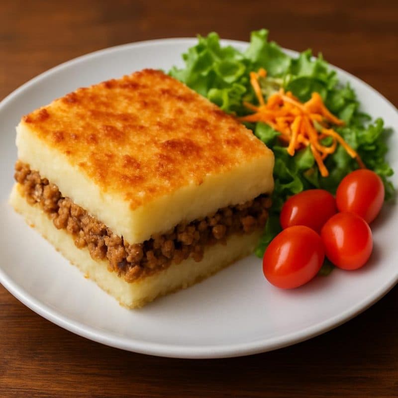 Pastel de papa con carne molida acompañado de ensalada