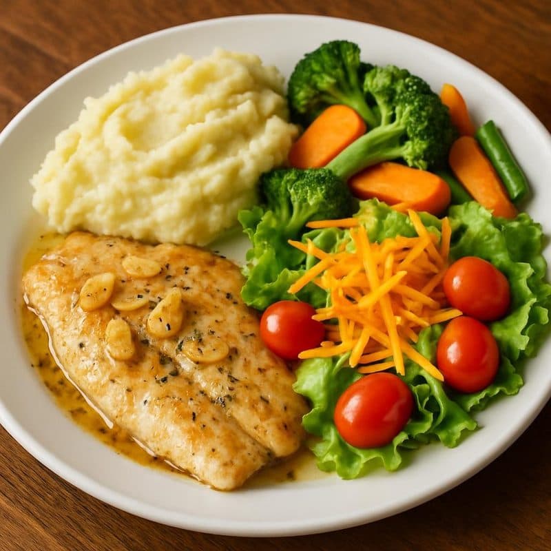 Pescado al ajillo acompañado de puré de papa, vegetales al vapor y ensalada