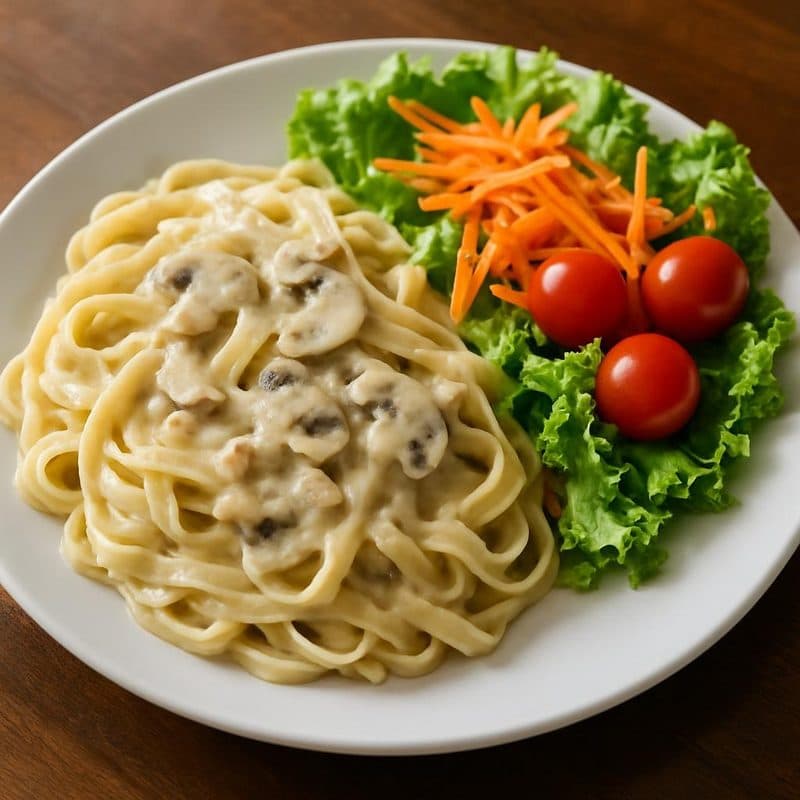 Pasta en salsa blanca con hongos vegetariana acompañada de ensalada