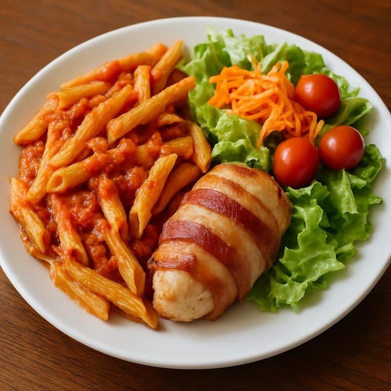 Pasta en salsa roja con pollo envuelto en tocineta acompañada de ensalada