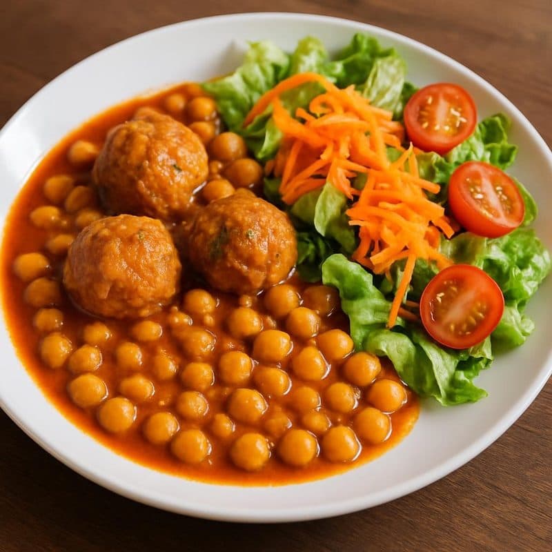 Garbanzos con albóndigas acompañados de ensalada