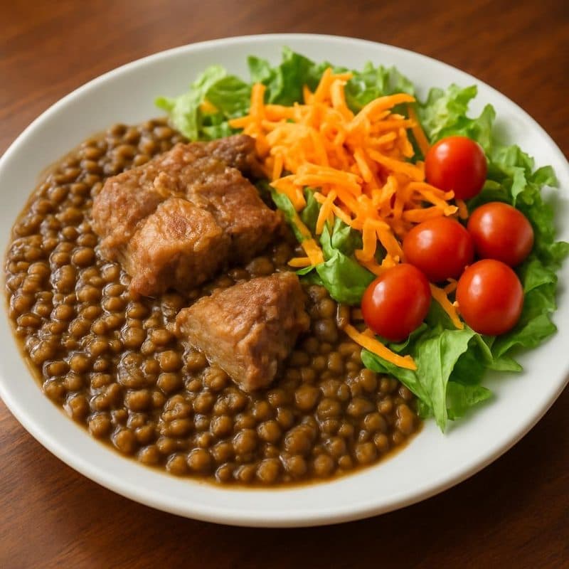 Lentejas con cerdo acompañadas de ensalada
