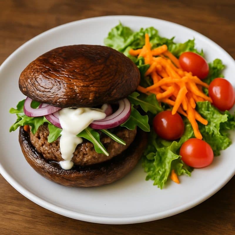 Hamburguesa portobello de carne acompañada de ensalada