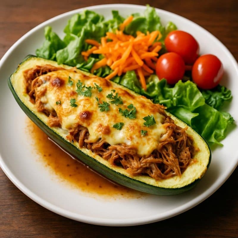Zucchini relleno de carne mechada acompañado de ensalada