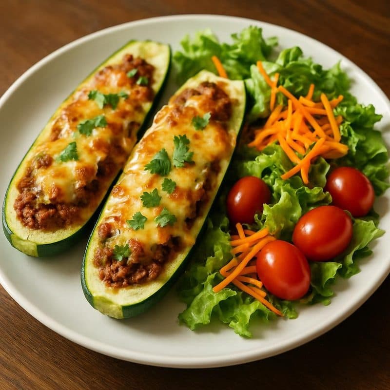 Zucchini relleno de carne molida acompañado de ensalada