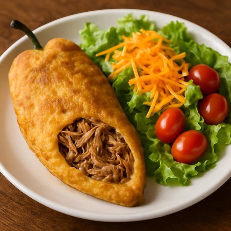 Chile relleno de carne mechada envuelto en huevo acompañado de ensalada