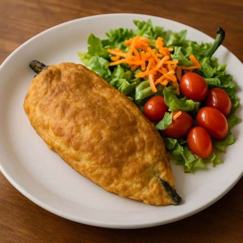 Chile relleno de carne molida envuelto en huevo acompañado de ensalada