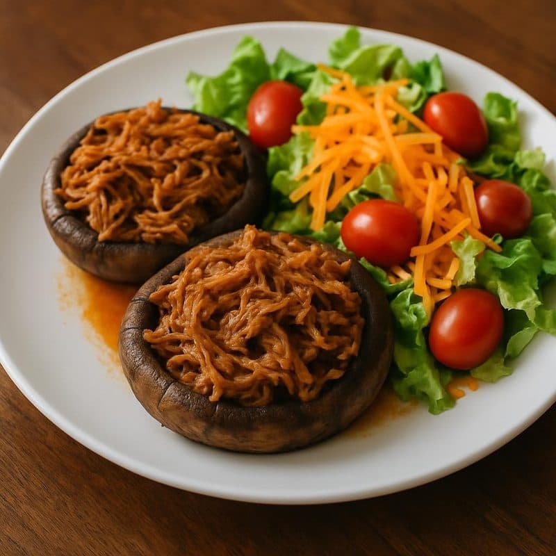 Hongos portobello rellenos de carne mechada acompañados de ensalada