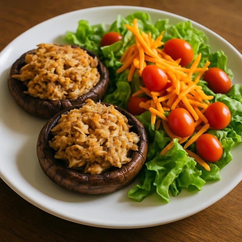 Hongos portobello rellenos de pollo acompañada de ensalada