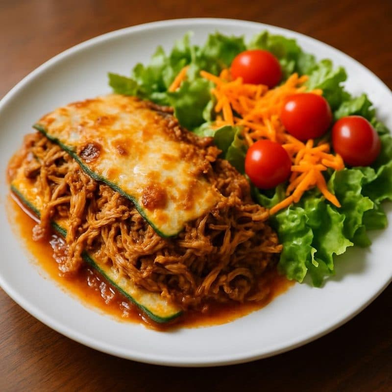 Lasaña de zucchini con carne mechada acompañada de ensalada