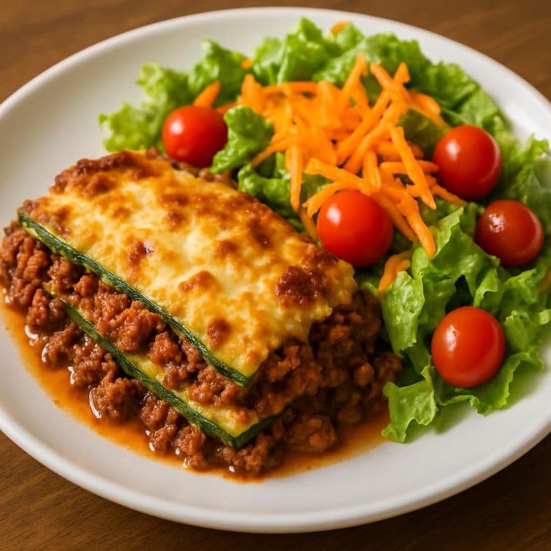 Lasaña de zucchini con carne molida acompañada de ensalada