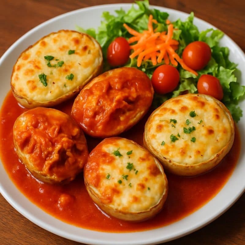 Papas rellenas de pollo en salsa roja acompañadas de ensalada