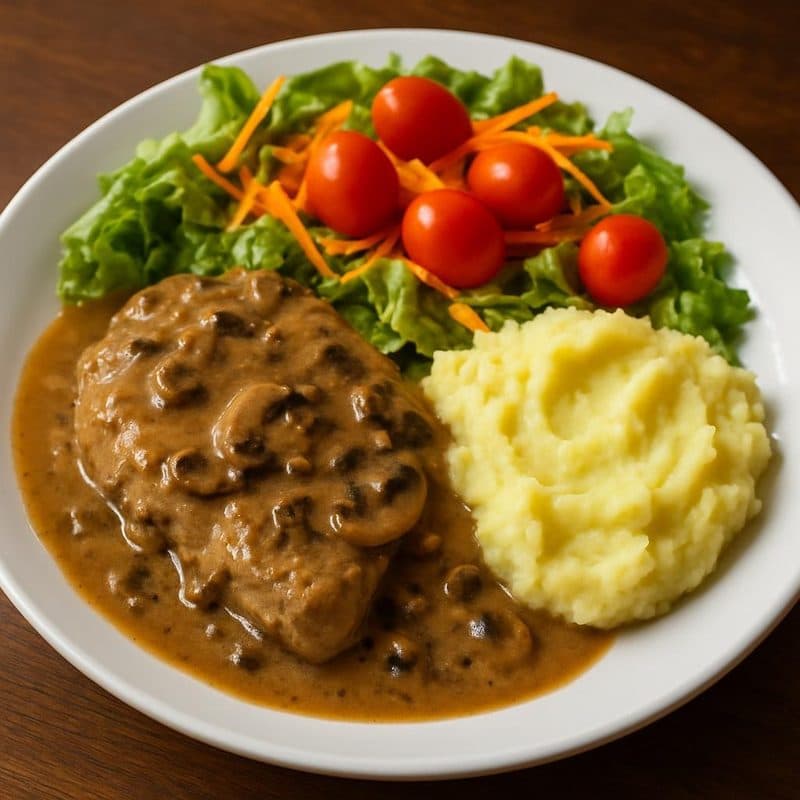 Mano de piedra en salsa de hongos acompañada de puré de papa y ensalada
