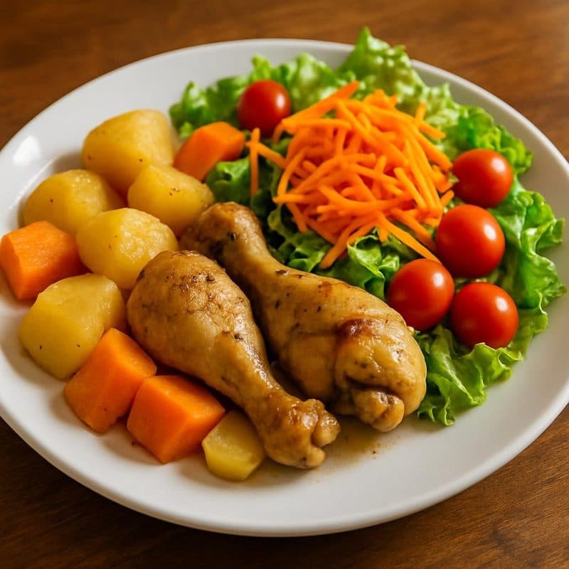 Muslitos de pollo acompañados con papa, zanahoria y ensalada