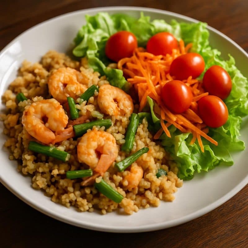 Arroz de coliflor con vainica y camarones acompañado de ensalada