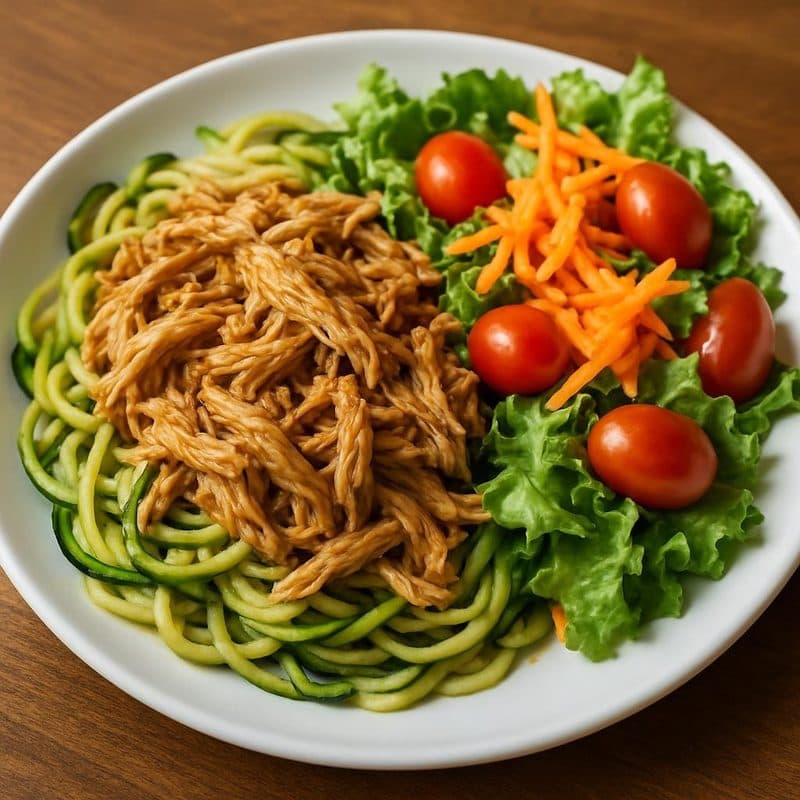 Zucchini noodles con pollo mechado acompañados de ensalada