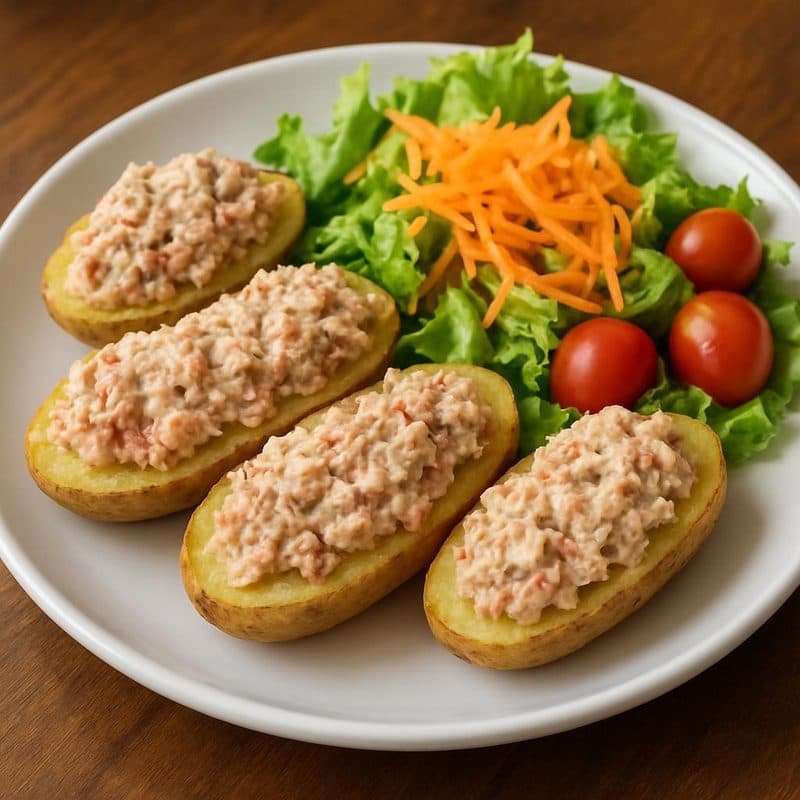 Papas rellenas de atún arreglado con ensalada