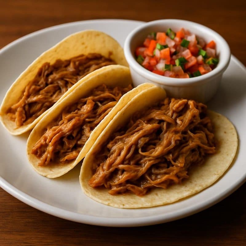 Tacos de cerdo mechado agridulce acompañados de pico de gallo