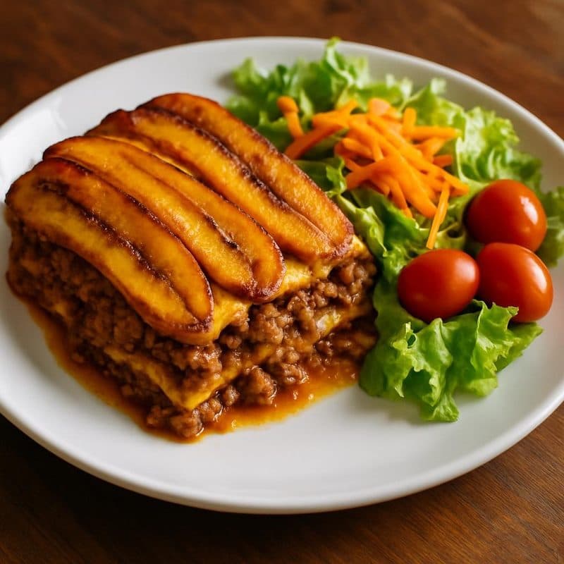 Lasaña de plátano maduro con carne molida acompañada de ensalada