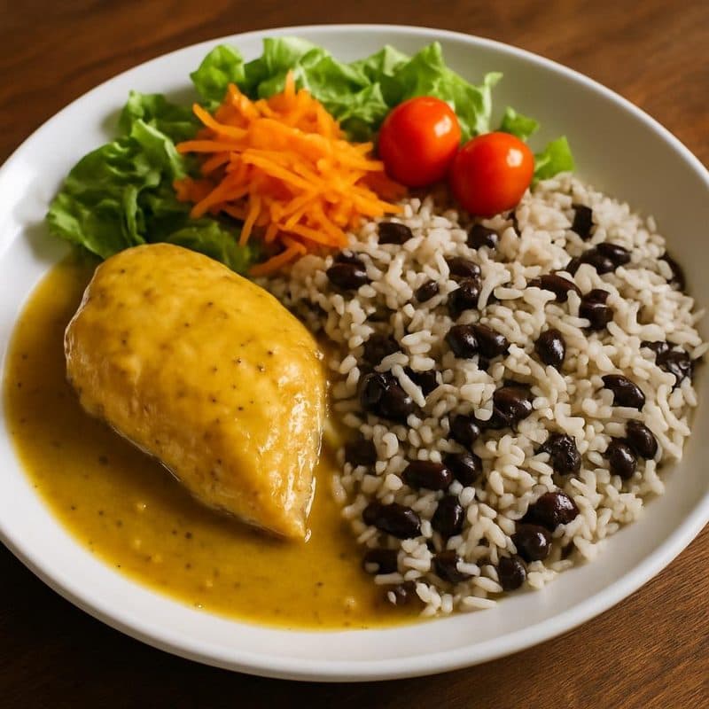 Pechuga de pollo en salsa caribeña con gallo pinto acompañado de ensalada