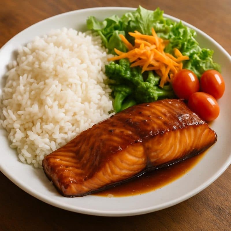Salmón teriyaki acompañado de arroz blanco, vegetales y ensalada