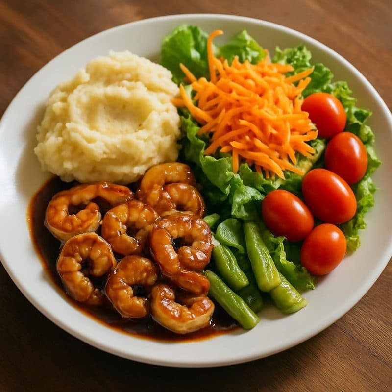 Camarones en salsa teriyaki acompañados de puré, vegetales y ensalada